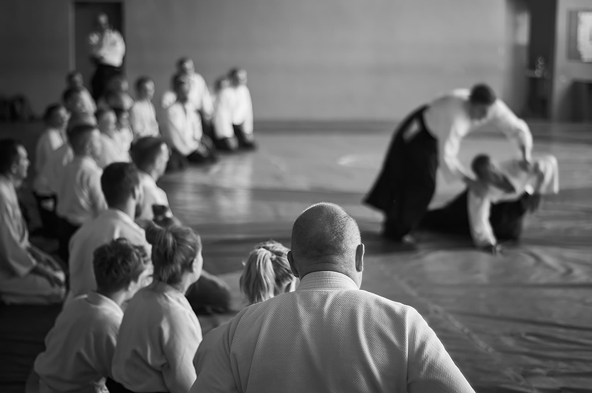 Uczniowie w seiza obserwują pokaz techniki podczas stażu aikido